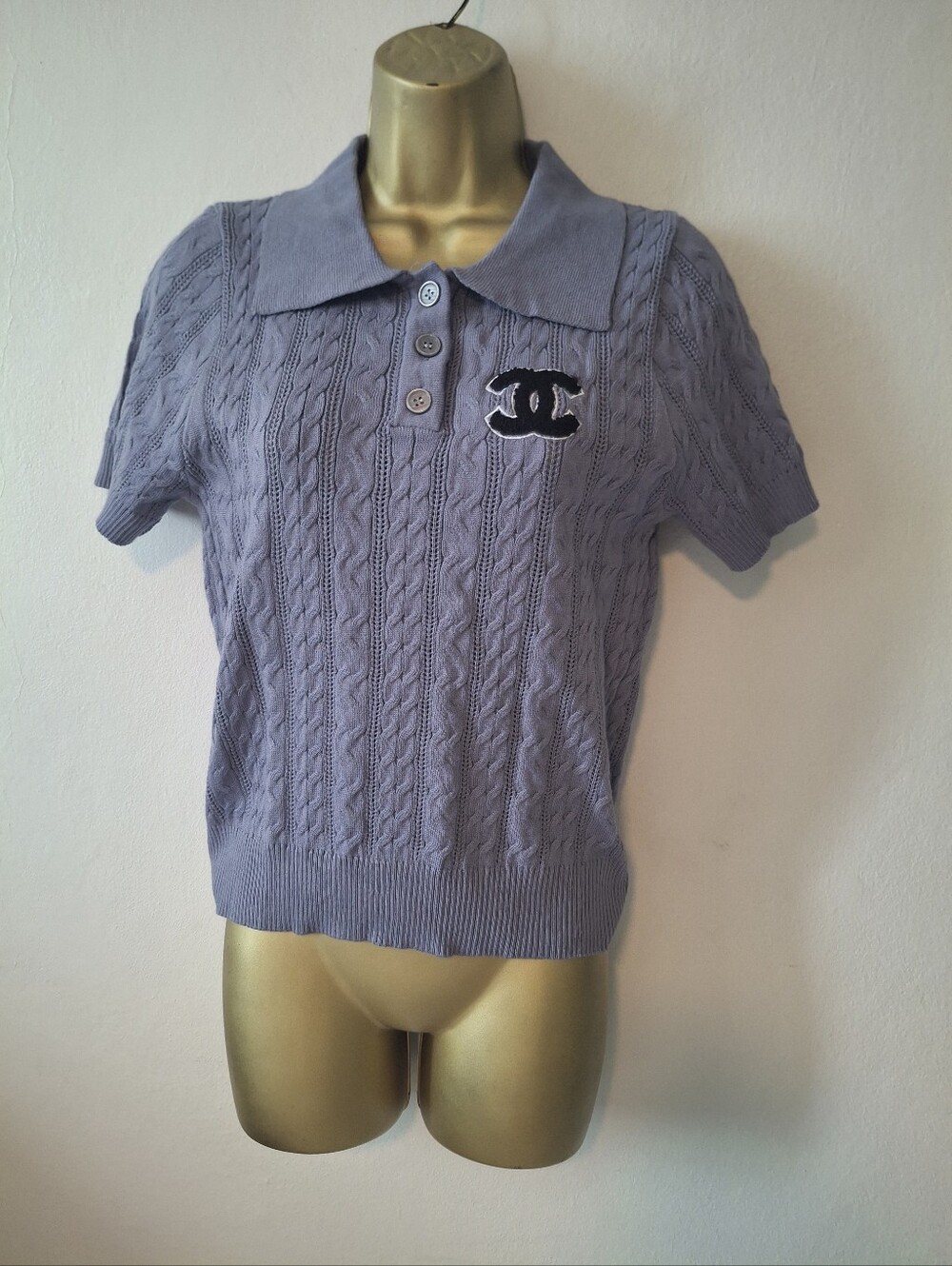 DP  Lavender Cable-Knit Polo with Black CC Patch